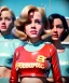 Placeholder: Ultra Realistic retro sci-fi movie Supermarket scene, 1960 year, waist up view portrait, 3 clones blonde women, sweet young Jane Fonda face, perfect iris, glow eyes, face makeup, tight latex coat. Supermarket place with people background, Retro sci-fi style, soft color, highly detailed, unreal engine 5, ray tracing, RTX, lumen lighting, ultra detail, volumetric lighting, 3d, finely drawn, high definition, high resolution.