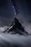 Placeholder: one single mountain sharp face rises out of the mist into the night sky.