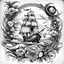 Placeholder: A tattoo for sea lovers. The emblem features a majestic sailing ship with billowing sails, surrounded by crashing waves and seagulls. The background showcases an ocean horizon, a palm tree and in the sky you can see stars and the moon. The tattoo is framed by roses and a skull. Few lines, stylized, sketch, black and white.