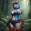 Placeholder: [humid jungle forest, tattoos] fat blue she female sexy_tiger alien warrior with goggles red boots and corset with ray guns