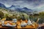 Placeholder: breakfast on a table on the terrace (orange juice, coffee in a cup, fruit, pastries), view of the mountains in the distance, Jean-Baptiste Monge style, surreal, a masterpiece, razor-sharp focus, dynamic lighting, watercolor and ink concept art extremely detailed psychedelic 8k beautiful high detail high definition colourful matte background Michelangelo Van Gogh colorful dramatic lighting fine art reflections whimsical National Geographic photography Alexander Archipenko Romantic Impressionism