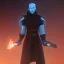 Placeholder: A commander in matte black robes with flaming eyes with flaming light blue pupils stands atop a squire Two infinity gauntlets contain six infinity stones, one of which is made with nano In the hands of a powerful man walking While standing on a majestic height from afar