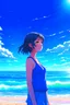 Placeholder: A beautiful anime girl at the beach looking at a blue sky