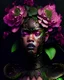 Placeholder: Beautiful young vantablack woman portrait adorned with begonia rex leaves botanikai headress metallic filigree masque ribbed with green ad pink quartz wearing carnival style rennasance voidcore shamanism costume armour floral embossed Golden filigree organic bio spinal ribbed detail of full floral bloomed background extremely dealed hyperrealistic maximálist concept portrait art