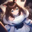 Placeholder: Clear focus, High resolution, Long fluffy brown hair, blue eyes, wearing a white skirt, detailed outfit, wearing a jacket oversized off shoulder, rough line, hair above ears, dog ears, off shoulder white shirt