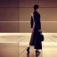 Placeholder: A tall slender young woman with short hair and a black trench coat longingly waiting for her flight at an airport while tweeting on her phone