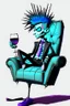 Placeholder: 2d drawing of a stickman, cool with punk hair, sitting on lazy boy chair , smart suit, wine in hand,3d realistic in colour