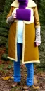 Placeholder: Image shows wholly a Brunette woman. average body type. Mantle is sewed of recycled Denim and sewed together of camouflage pieces. Camouflage colors are orange,terracotta, cream and purple. Cream latex gaiter. More yellow(Munsell)!!!Big bright purple/khaki felt tippet and cream or blue or lilac colored-hood. mantle is merged with satchel. . AKG-style headphones (gold rings!) is merged with small felt cap with small visor. Style: Haute Couture in 1936, Paris fashion in 2023.