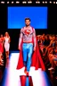 Placeholder: A guy on a fashion runway with Superman elegant Clothes