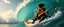 Placeholder: pirate shotgun mozart playing with his wig, looking hot and crazy on a surfboard on a big wave, burning ship, and pissed of sharks
