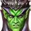 Placeholder: dungeons and dragons, fantasy, goblin, king, green skin, watercolour, large strokes, distinct face, portrait, head, crude crown