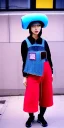 Placeholder: Korean, modern, beautiful woman, street, thick thigh, thick calves. Style futurism, 1996, daft punk, rough street style, Gamjan style.Mantle is sewed of recycled Denim and sewed together red felt pieces.Big headphones, with gold rings, is merged with small felt cap with small visor. A bag is integrated to the mantle. Big camouflage Patterns are composed of orange, cream, blue, lilac and purple. blue latex somewhere. It is with big bright purple felt tippet and cream-colored-hood. tippet