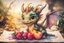 Placeholder: double exposure, merged layers, painted and burned burlap, cute chibi anime dragon eating fruit, melting watercolor and black ink outlines on wet paper, soft, shading strokes, in sunshine, ethereal, otherwordly, cinematic postprocessing, bokeh, dof