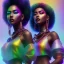 Placeholder: full body shot, masterpiece, best quality, family of three, black skinned, sparkling eyes, fluorescent skin, colorful makeup, gangsta , highly detailed body, afrofuturism, scifi, sun light, 4K, RAW, depth of field, high contrast, realistic details, 24mm