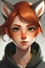 Placeholder: A young female with short red hair, dark green eyes, large fox ears, slight smile, pale skin, freckles