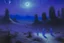 Placeholder: A purple outer space with ghosts of illusion designed in native American petroglyphs painted by Birge Harrison