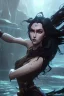 Placeholder: a beautiful woman, long curly black hair,closed eyes,coming from beneath the water,braking the surface with her face just coming out the water,looking up symbolism for breaking free. realistic,8k quality, action close shot from areal view,highly detailed , chaos 80