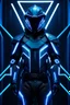 Placeholder: cyberpunk, neon blue, floating triangle of light behind the back, cyber armor, geometric patterns on an armor, male, orbiting triangle