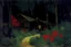 Placeholder: Night, cabin, pine trees, pathway, red flowers, edouard manet impressionism painting