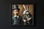 Placeholder: Real Charlie Chaplin and town major troll mouse rabbit in style of Rembrandt and Fallout 4, with motion blur, all on a painting on wall with black wooden frame and with black wall background