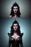 Placeholder: Amy Dumas as evil queen in black leather, leather, busty, cleavage, angry, rage, stern look. character design by cory loftis, fenghua zhong, ryohei hase, ismail inceoglu and ruan jia. unreal engine 5, artistic lighting, highly detailed, photorealistic, fantasy