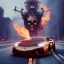 Placeholder: Fire head skeleton Rider wearing a black leather on black Lamborghini in the middle of street rounded by high tower in a City