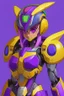 Placeholder: A Genderless Cyborg made of metal, has a human like face with a long violet ponytail, the cybord is wearing armor similar to Megaman Zero. The color palatte of the armour is deep purple and yellow.