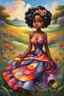 Placeholder: In this oil painting, we encounter a charming chibi black cartoon character, exuding warmth and tranquility as she sits amidst a serene grassy landscape. Her curvaceous figure is adorned in a vibrant and colorful maxi dress, each hue blending harmoniously to create a kaleidoscope of joy. The character's hair is a sight to behold, twisted up in a graceful updo that cascades in gentle waves. The flowing black strands add a touch of elegance to her appearance, framing her face with a sense of grac
