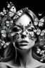 Placeholder: abstract a face of beautiful girl with a mask of white Butterflys flying away in black and white