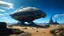 Placeholder: sleek cargo spaceship, built like a teardrop, landing in a wide empty ruined alien street, blue sky