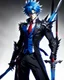 Placeholder: Stunning male anime character, drawn with intricate details on white background. The character is tall and muscular, with spiky blue hair and piercing blue eyes. Dark suit, with a red tie and black gloves. In one hand, he holds an elegant sword, its blade reflecting the light menacingly, while the other hand rests on his hip. The overall atmosphere of the picture is intense and dramatic, with a touch of mysterious charm.