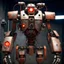 Placeholder: trash mech suit, human-sized, made of scrap metal, cockpit in chest cavity, light rust, round, one red glowing eye, loose wires, escape hatch