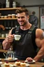 Placeholder: a young mechanic man with huge muscles enjoying high tea by himshelf with little cakes