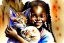Placeholder: A cute smiling African girl is holding a kitten. Watercolour