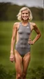 Placeholder: anorexic beautiful girl, age 21, total shot, short silver triathlon swimsuit, blonde wavy bob haircut, grey background