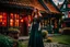 Placeholder: Full body shot of a tall slim pretty, red-headed young female witch, casting magical glowing symbols into the air, dressed in a long flowing green dress, standing in front of a row of cottages and shops with thatched roofs