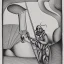 Placeholder: hand drawn in single line by Nicolai Blatter with hatch with parallel wavy lines metal engraving representing the Adventures of Don Quixote de la Mancha in bosch style or salvador dali style