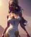 Placeholder: Gipsy, beautiful, curvy body, white fabric dress, beautiful long hair, bandana covering head, long earings, head and shoulders portrait, holding tarot card, 8k resolution concept art portrait by Greg Rutkowski, Unreal Engine 5 volumetric lighting