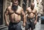 Placeholder: half figure shot photography of two turkish ugly dirty burly construction workers muscular chubby wet sweat 33 years old shirtless, boxer, long beard, bulge, tattoo, manly chest , embaced on italian sidewalk, big legs, big shoulders, photorealistic, sunlight, summer, ambient occlusion, side view from the ground