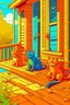 Placeholder: kids illustration, Cats on the porch, cartoon style, thick lines, low detail, vivid color