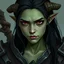 Placeholder: A digital illustration shoot from a portrait camera angle about a portrait of a young orc woman with dull green skin. In the middle of the image, a 20 years old orcish woman, appears to be looking at the viewer lost in thought. she has long black hair, red eyes, and is wearing armour. Fantasy, skyrim, magic, she does not have horns