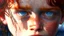 Placeholder: Ultra realistic close up of solemn tween boy, big blue eyes looking at camera, pale face with freckles, abundant wavy red hair wet and shining in the light, no shirt, water dripping from hair, water droplets on smooth skin, fire reflected in eyes, smoke in the background, high res, ash floating in the air