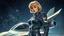 Placeholder: A photorealistic image of an adventurous pinup girl from the future, dressed in a tailored, full-body space suit, stands proudly beside her streamlined spaceship. Her short, untidy, blond hair with bangs. The scene is framed by a cosmic expanse of stars and nebulas.