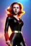 Placeholder: retro portrait image from 1960, explosion background, long red hair, young Scarlett Johansson, classic black tight lycra suit, metal stick weapon, gold bracelet and belt, high heel boots, soft color, highly detailed, unreal engine 5, ray tracing, RTX, lumen lighting, ultra detail, volumetric lighting, 3d, finely drawn, high definition, high resolution.