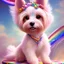 Placeholder: a sparkly dog with golden hair and rainbow shoes in fairyland, really cute, bubble gum, detailed, RTX, fantasy, 8K