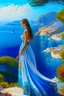 Placeholder: A tall, slender and very beautiful girl who looks at me. Her dress is of amazing colors, from blue to white.in the background is the Greek island of Samos.