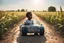 Placeholder: a plastic bottle car made of several plastic bottles on a dirty road next to a corn field in sunshine a little black boy standing happily next to it, ethereal, cinematic postprocessing, bokeh, dof