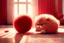 Placeholder: cute fluffy chibi beige cat playing with a giant plush red covid virus in a modern hall on a carpet in sunshine