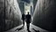 Placeholder: a high realistic photo from a business man walkings on street own shadow as devil walking behind man on big wall , modern city, weird atmosphere.detalied, sharp focus, surreal mood, thriller, dark dream