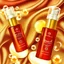 Placeholder: two cosmetics bottles are on a silk fabric, behind a beautiful floral spring floral background, the picture is top view, in the background there are beautiful soap bubbles, molecules and honeycombs, high-quality picture, top view